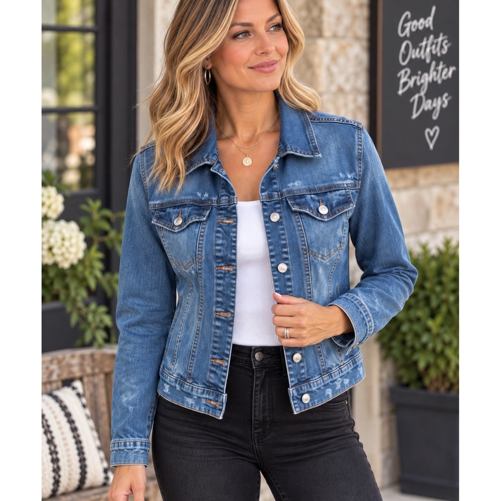 Mossimo Denim Jacket Womens M Blue Distressed Y2K Grunge Trucker Jean Retro